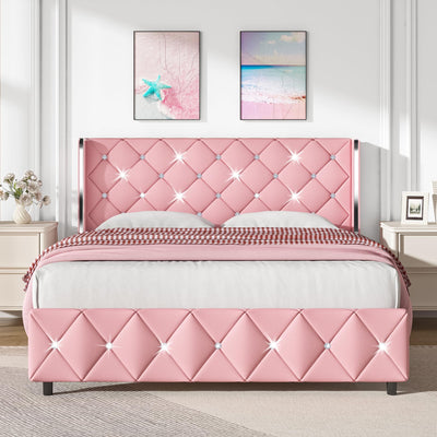 Queen Size Bed Frame with Diamond Headboard, Pink Bed Frame Queen, Upholstered Platform Bed Frame Faux Leather, Adjustable Crystal Button Tufted Headboard, Wood Slat Support, Easy Assembly, Pink