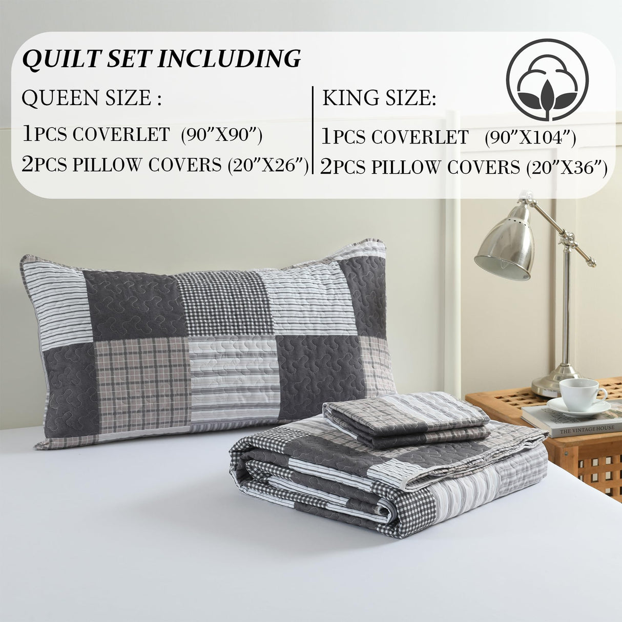 HIARUO Quilt Set Queen Size, 3 Pieces Bedspread Coverlet Plaid Patchwork Quilt Farmhouse Queen Size Comforter Set Lightweight Bedding with 2 Pillow Covers Shams for All Season Gray Brown White HIARUO
