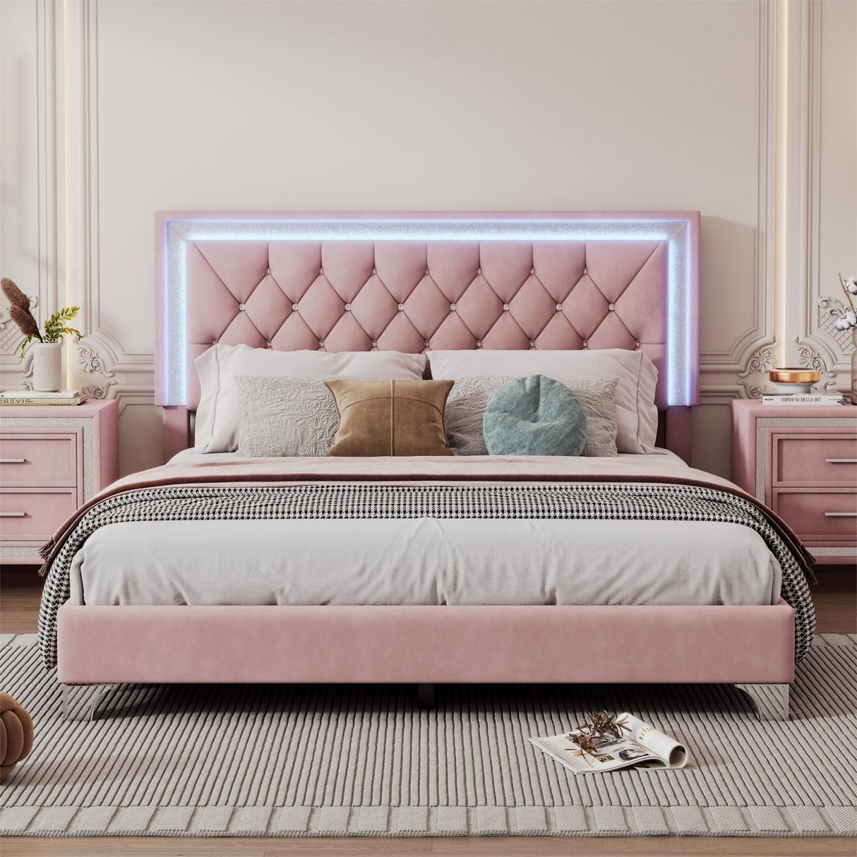 Flieks 3-Piece Pink Bedroom Set with Queen Upholstered Platform Bed and LED Lights, Including 2 Nightstands Flieks