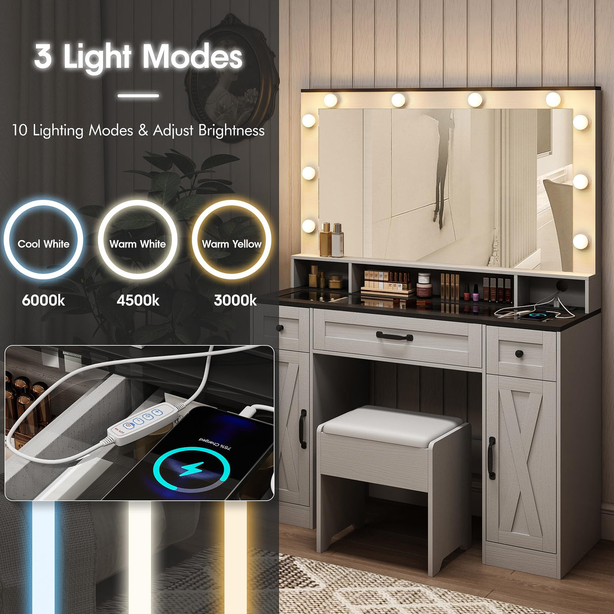 Vabches Vanity Desk with Mirror and Lights,Glass Top,Makeup Vanity Table Set with Stool,Charging Station and 3 Lighting Modes,2 Cabinets 3 Drawers Dressing Table,White Vabches