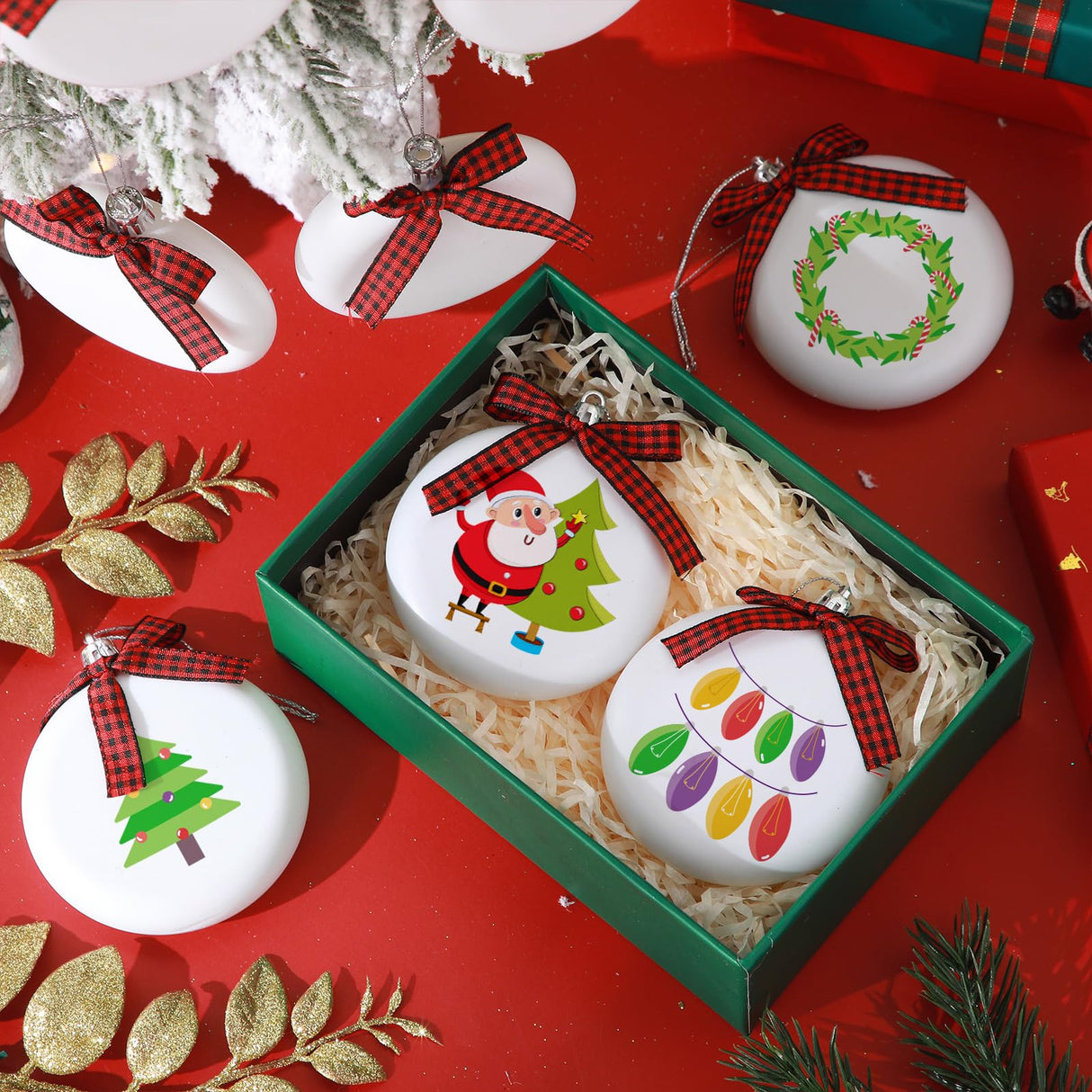 PullCrease 30 Pieces Blank Christmas Ornaments for Crafting, Sublimation Flat Ornaments DIY Matte White Ornaments Buffalo Plaid Bows Hanging Christmas Tree Balls for DIY Crafts (Silver Rope) PullCrease