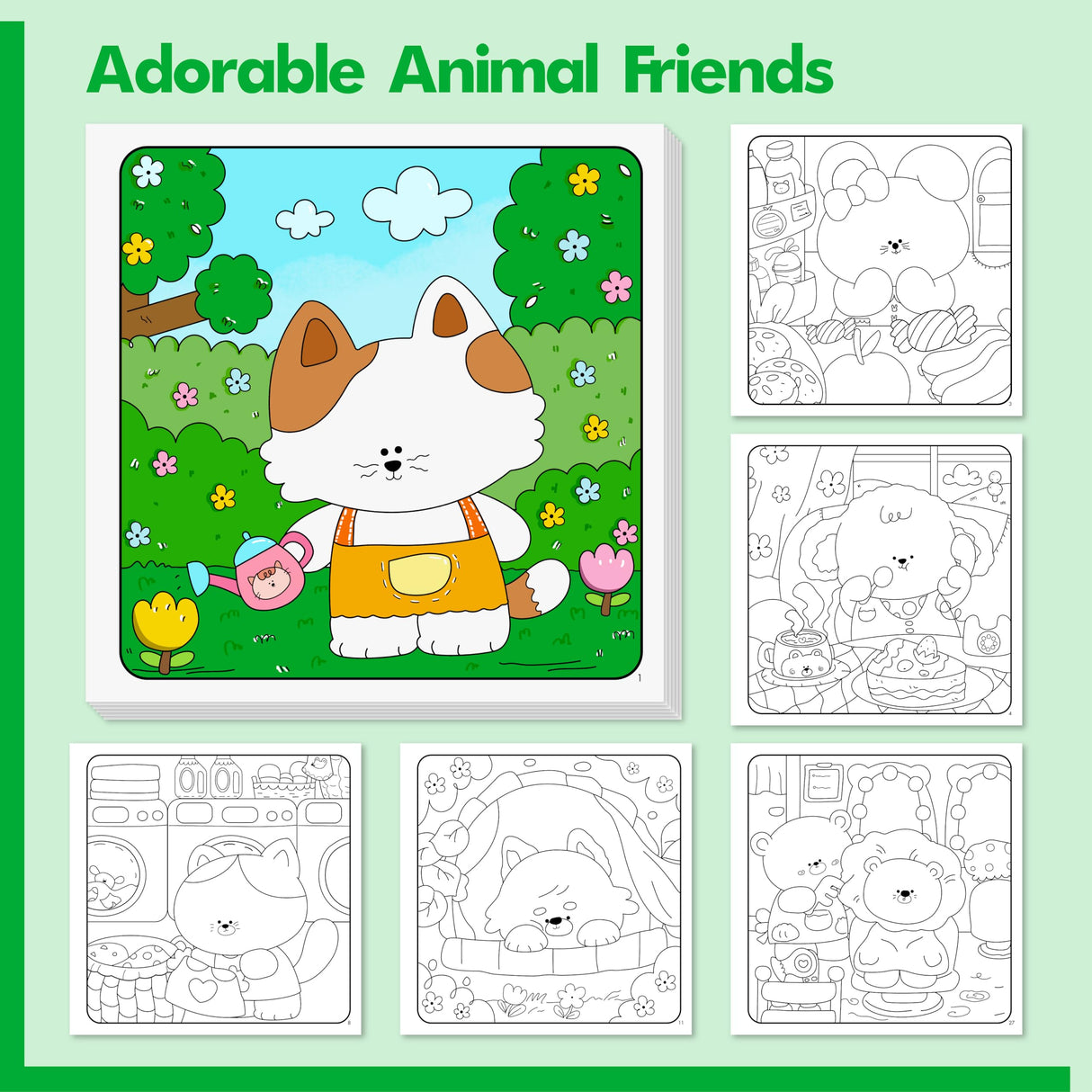 Cute & Cozy Coloring Book, 50 Sheets Warm Scenes with 600+ Stickers, Cute Animals- Themed Pages Stress Relief for Adults & Teens Relaxation, Comfy Day, Cozy Hygge Moment (8.3” x 8.3”) Gethelud