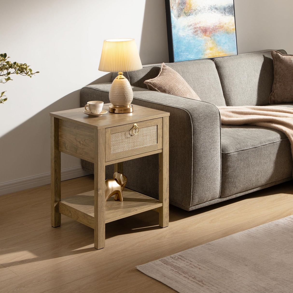 SICOTAS Nightstand Set of 2 - Rattan Decor Drawer with Brass Knobs Night Stand Bedside Table Boho End Tables Side Tables with Storage Shelf for Bedroom, Small Space SICOTAS