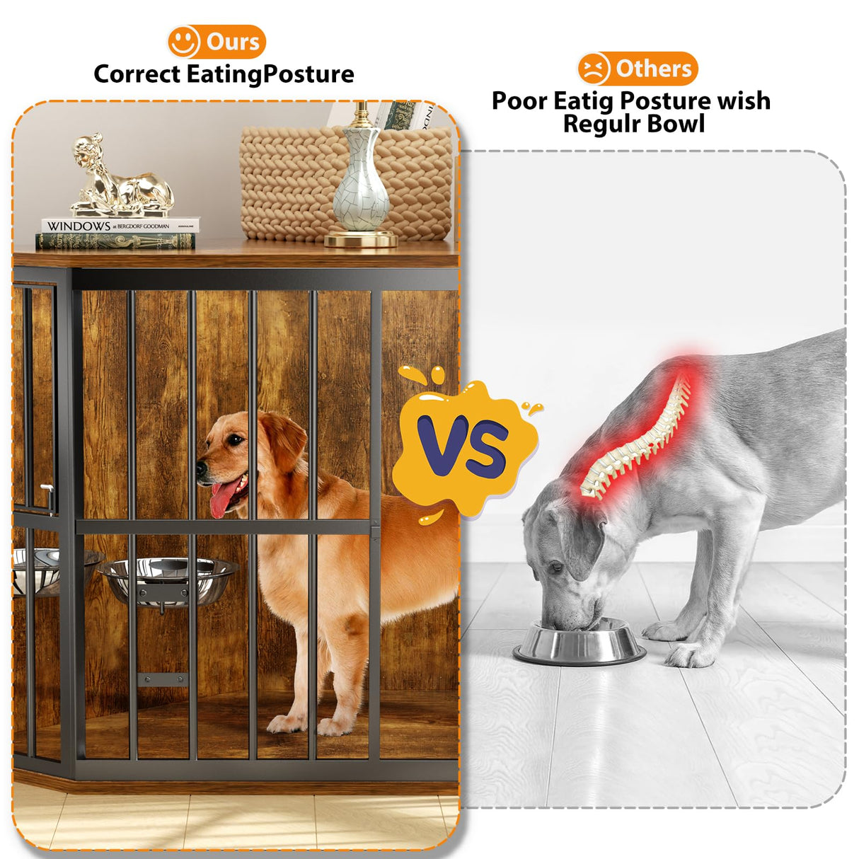 APRILSOUL 53 inch Furniture Dog Crate Corner, Dog Kennel Corner Wooden End Table with Bowl, Indoor Pet Crates Corner Side Table for Dogs, Wide Top Perfect for Limited Room APRILSOUL