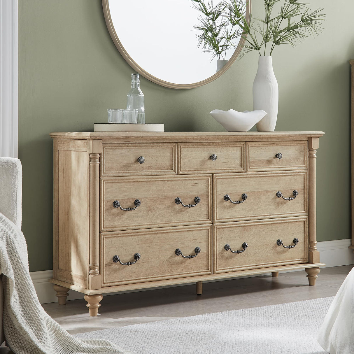 T4TREAM Farmhouse 7 Drawers Dresser Chests for Bedroom with 4 Solid Wood Feet, Tall Wide Wood Country Rustic Chest of Drawers, Storage Dressers for Bedroom, Living Room,Natural Oak T4TREAM