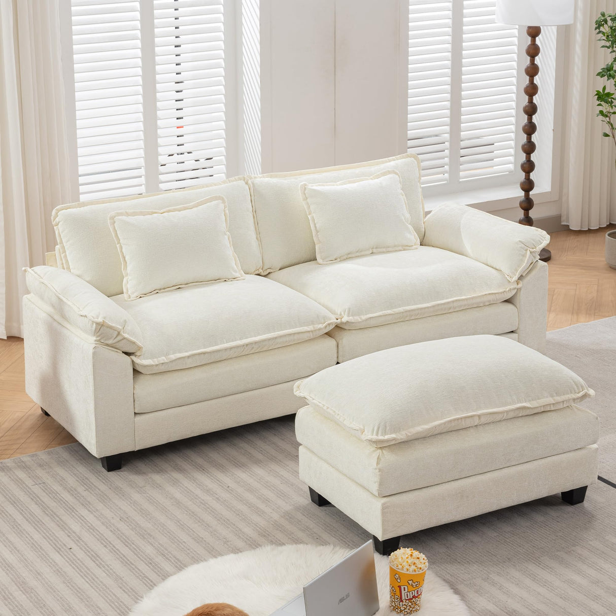 URRED Cloud Couch Modular Sectional Sofa, 82.6" Modern L Shaped Deep Seat Sofa with Ottoman & Pillows, Ultra Comfy Chenille Couches for Living Room, Bedroom or Apartment, White URRED