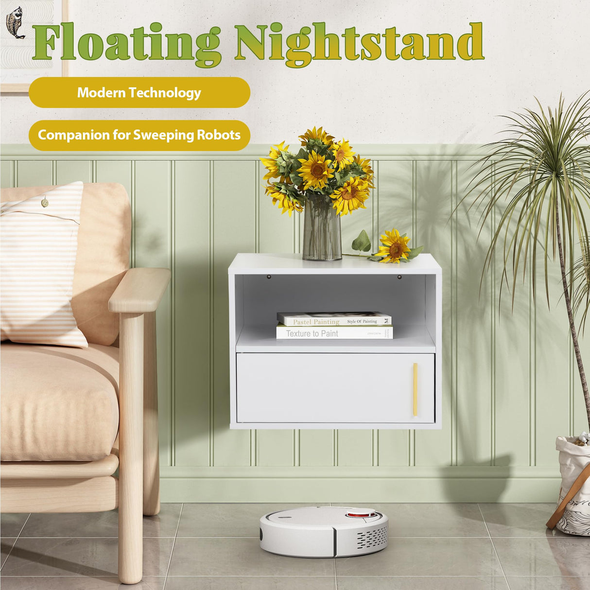 JAXPETY Wall Floating Nightstand Set of 2 Modern Side Table Wall Mounted Shelf with Cabinet Storage for Living Room, Bedroom, Dorm, White JAXPETY