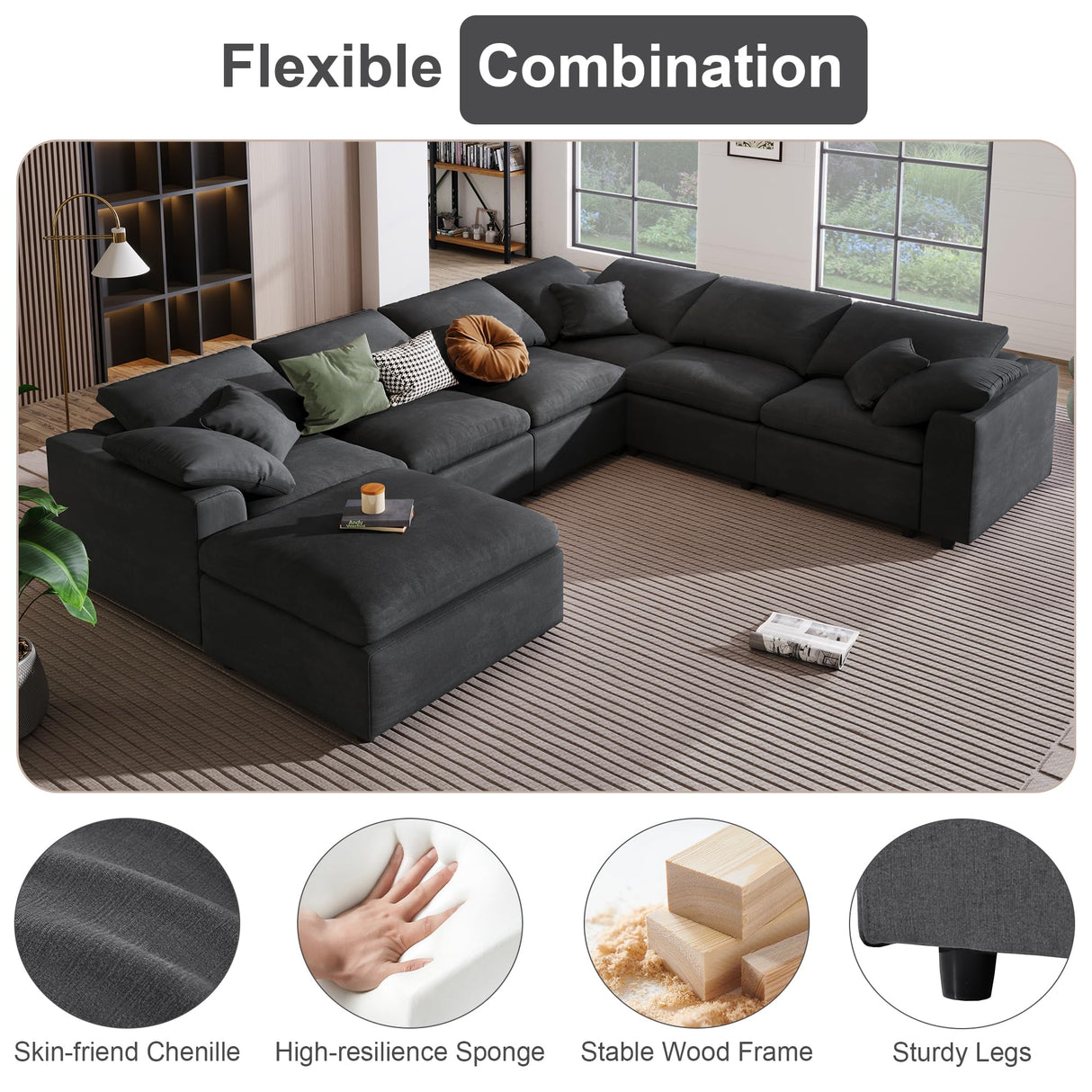 Tmsan 129.3" Oversized Modular Sectional Sofa, U Shaped Couch with Movable Ottoman, Large 7 Seater Corner Sofa for Living Room, Office, Spacious Space, Grey Tmsan