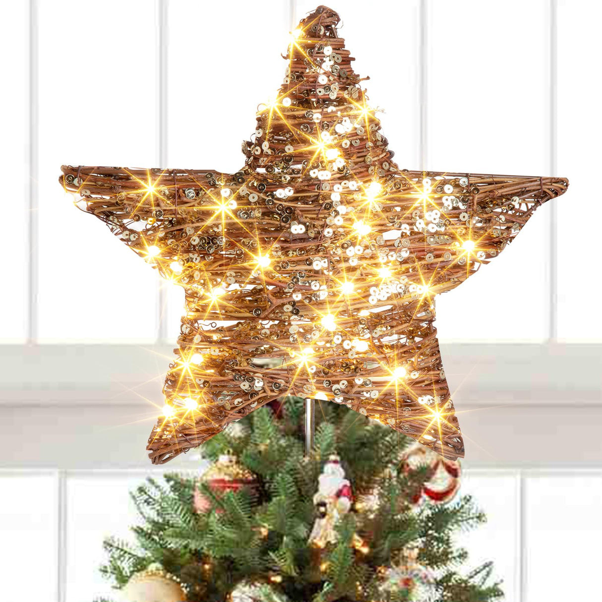 EAMBRITE 13.37” 40 LED Christmas Rattan Tree Topper, Indoor Rustic Natural Star Treetop EAMBRITE