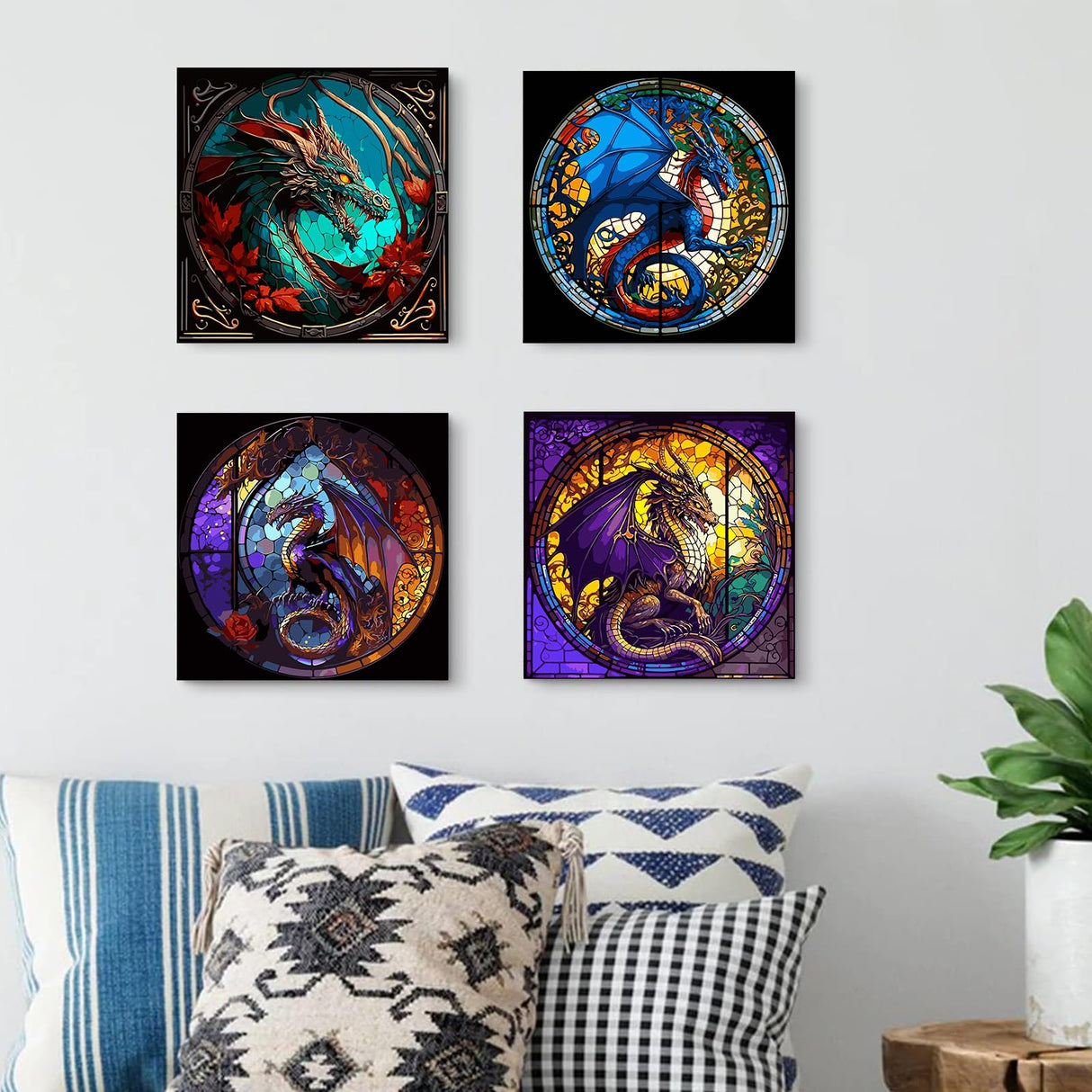 4 Packs Paint by Number for Adults, Animal DIY Acrylic Oil Painting Paint by Numbers Kits on Canvas, Adults Paint by Numbers Kits Drawing Paintwork for Home Decor Gift Dragon 15.7x15.7in KICHANG