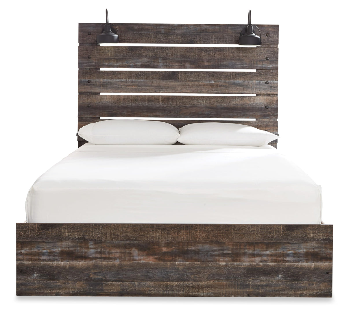 Signature Design by Ashley Drystan Rustic Queen Panel Bed, Sconce LED Lights, USB Ports and Nailheads, Foundation or Box Spring Needed, Dark Brown & Gray Signature Design by Ashley