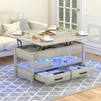 SYESWAY Lift Top Coffee Table with LED, 3-in-1 Multifunctional Coffee Table with Drawers and Hidden Compartments, Coffee Table Converts to Dining Table, for Living Room, Reception Room, Grey