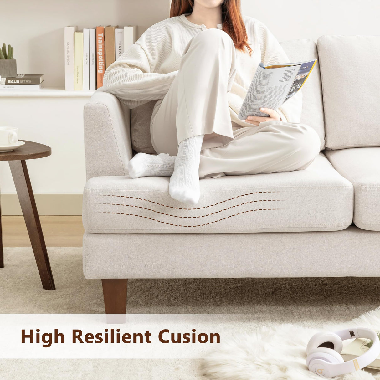 Busaurus 3 Seater Sofa Couch with Deep Seats, 89" Mid Century Modern Upholstered Sofa with Armrests, Comfy Couches for Living Room, Bedroom, Apartment and Office (Beige) Busaurus