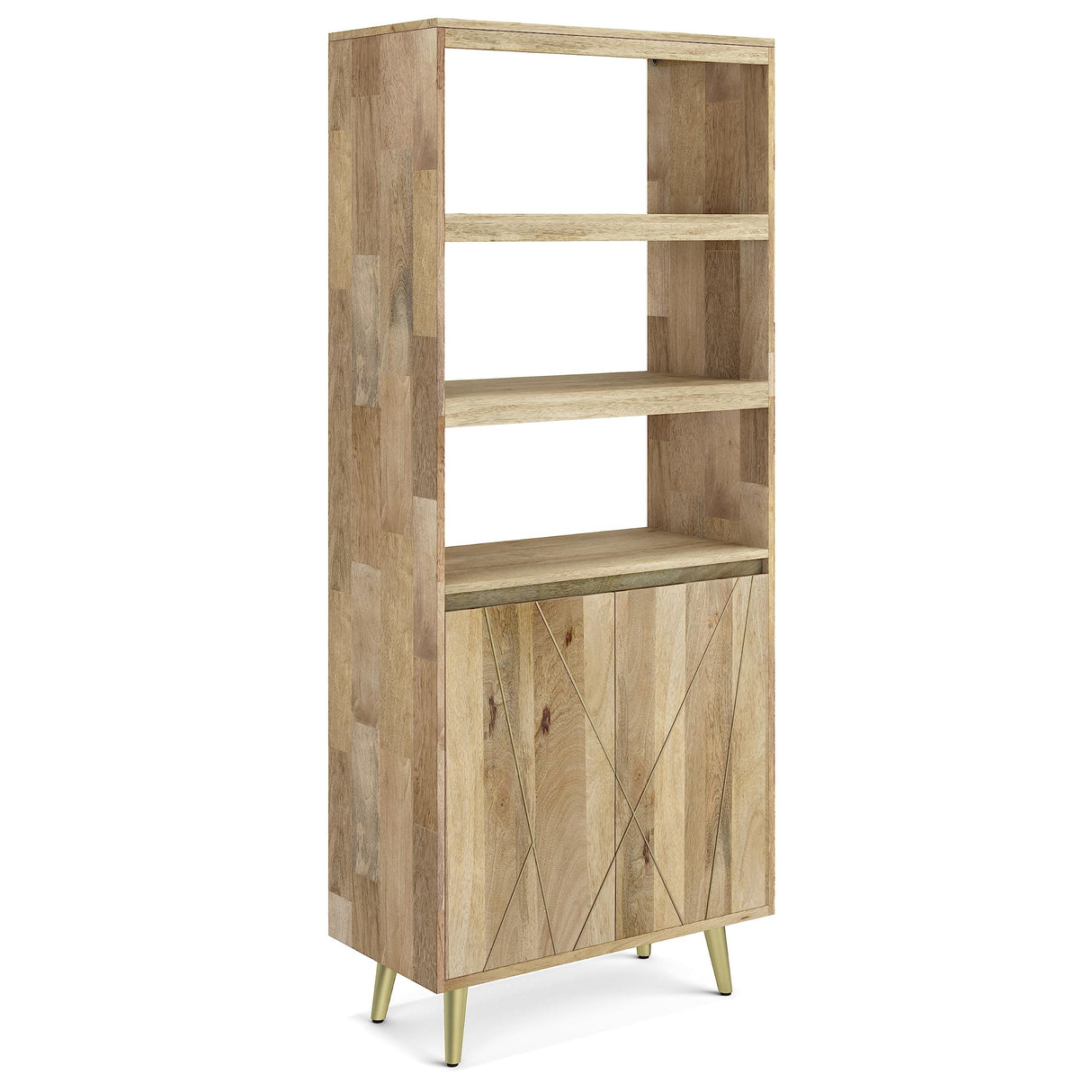 Contemporary Solid Mango Wood 30 Inch Bookshelf with Doors in Natural Finish SIMPLIHOME