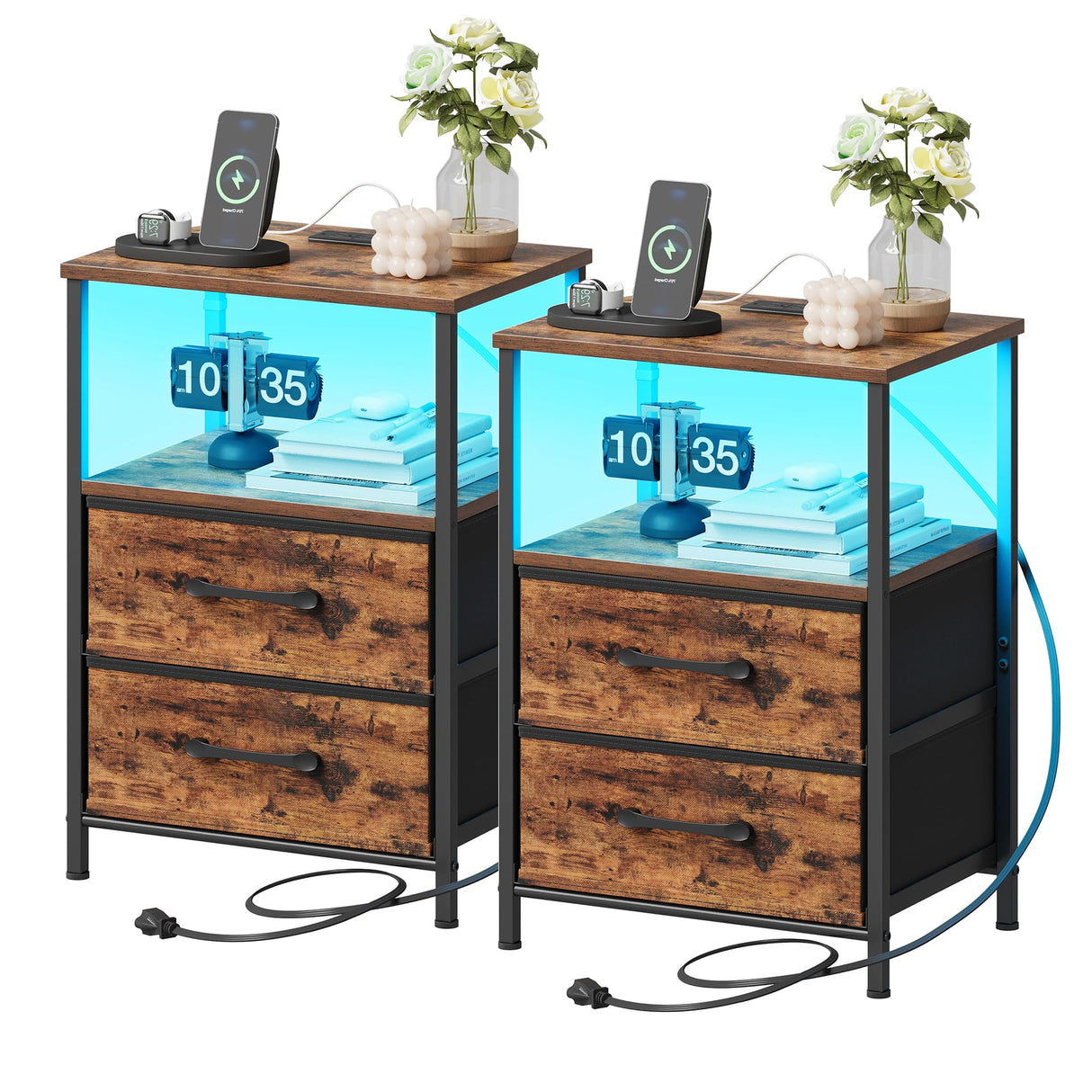 TRIFEBLE Nightstands Set of 2, Night Stand with Charging Station and Led Lights, Bedside Table with 2 Fabric Drawers for Bedroom, Small Side End Table with Open Shelf, Rustic Brown TRIFEBLE