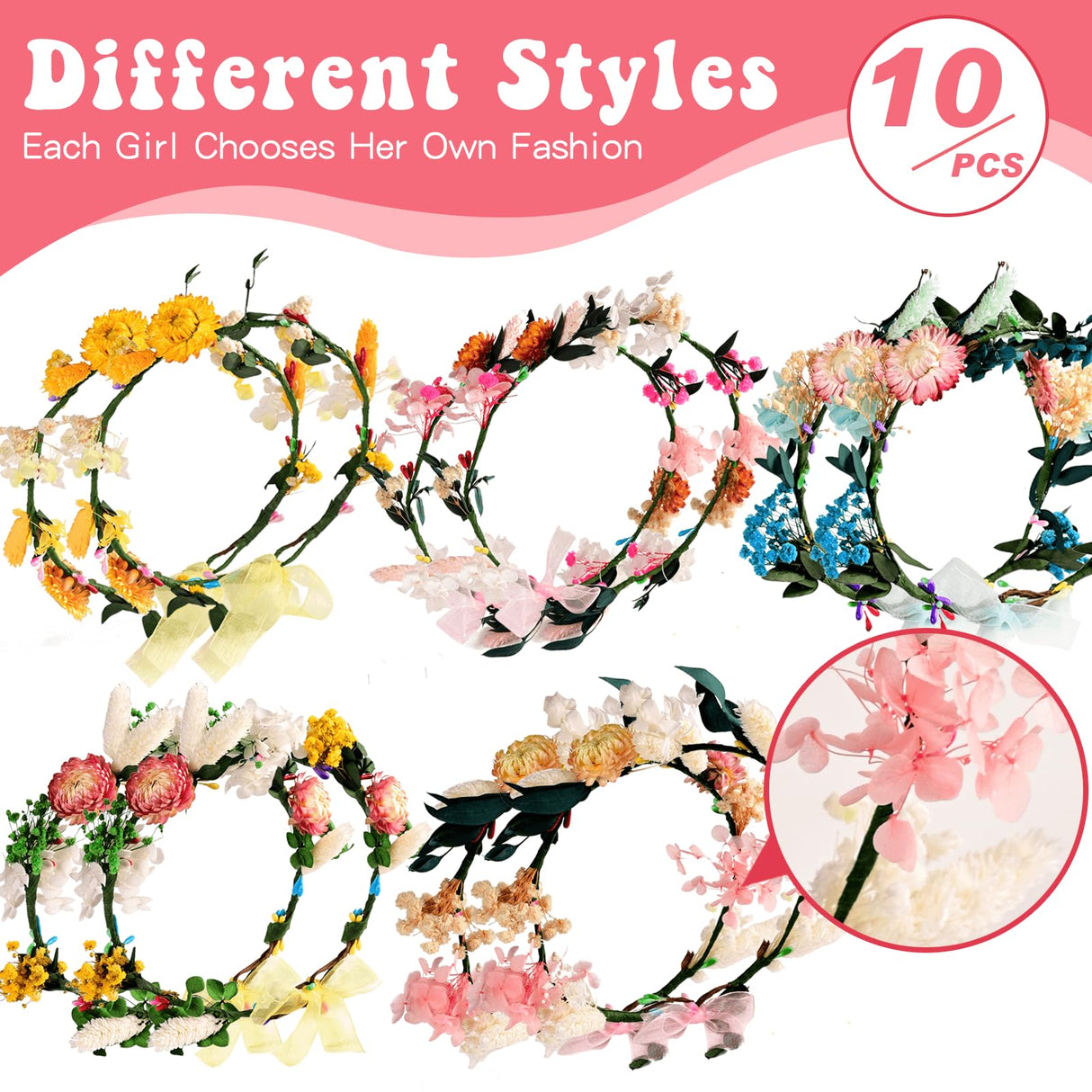 Koceko Real Flower Crown Making Kit for Girls, 10PCS DIY Preserved Flower Headband Craft Kit, Jewelry Making Kit - Perfect Arts Birthday Gifts, Toys for Children Ages 6 7 8 9 10 Years Old & Up Koceko