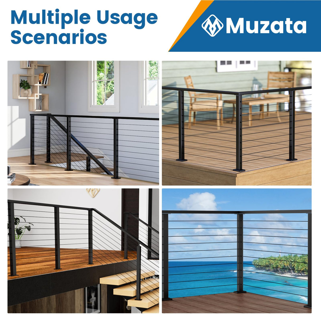 Muzata Aluminum Black Corner Cable Railing Post 36 Inch 36"X2"x2" T-drilled One-Post Corner Solution Surface Mount Cable Railing System Kit Indoor Outdoor Seaside with User Guide PD02 B3AS Muzata