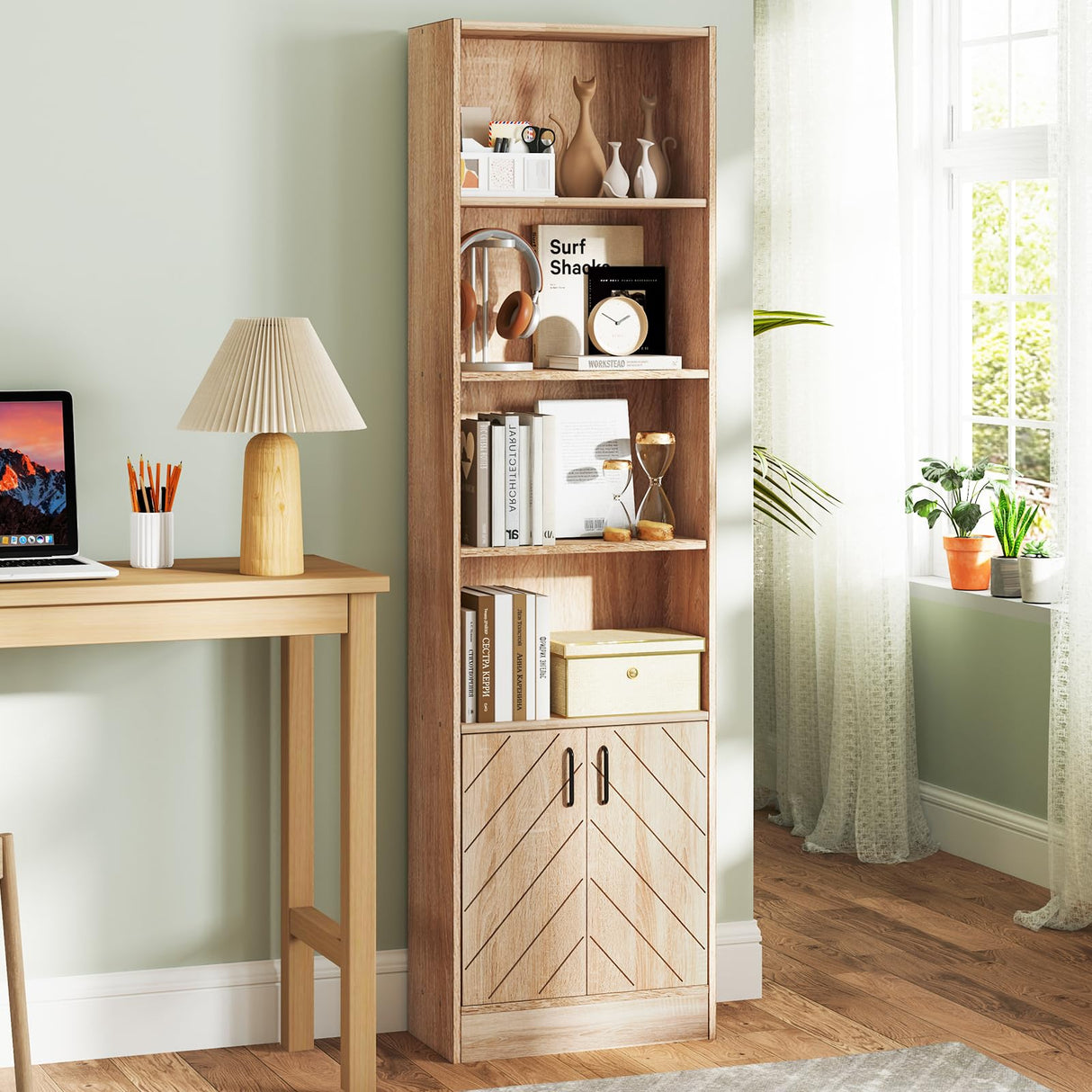 Giantex 6-Tier Bookshelf with Doors Set of 2, 71" Tall Bookcase w/ 4 Open Cubes & 3 Adjustable Shelves, Mid Century Display Cabinet, Modern Floor Storage Organizer for Living Room, Study, Oak Giantex