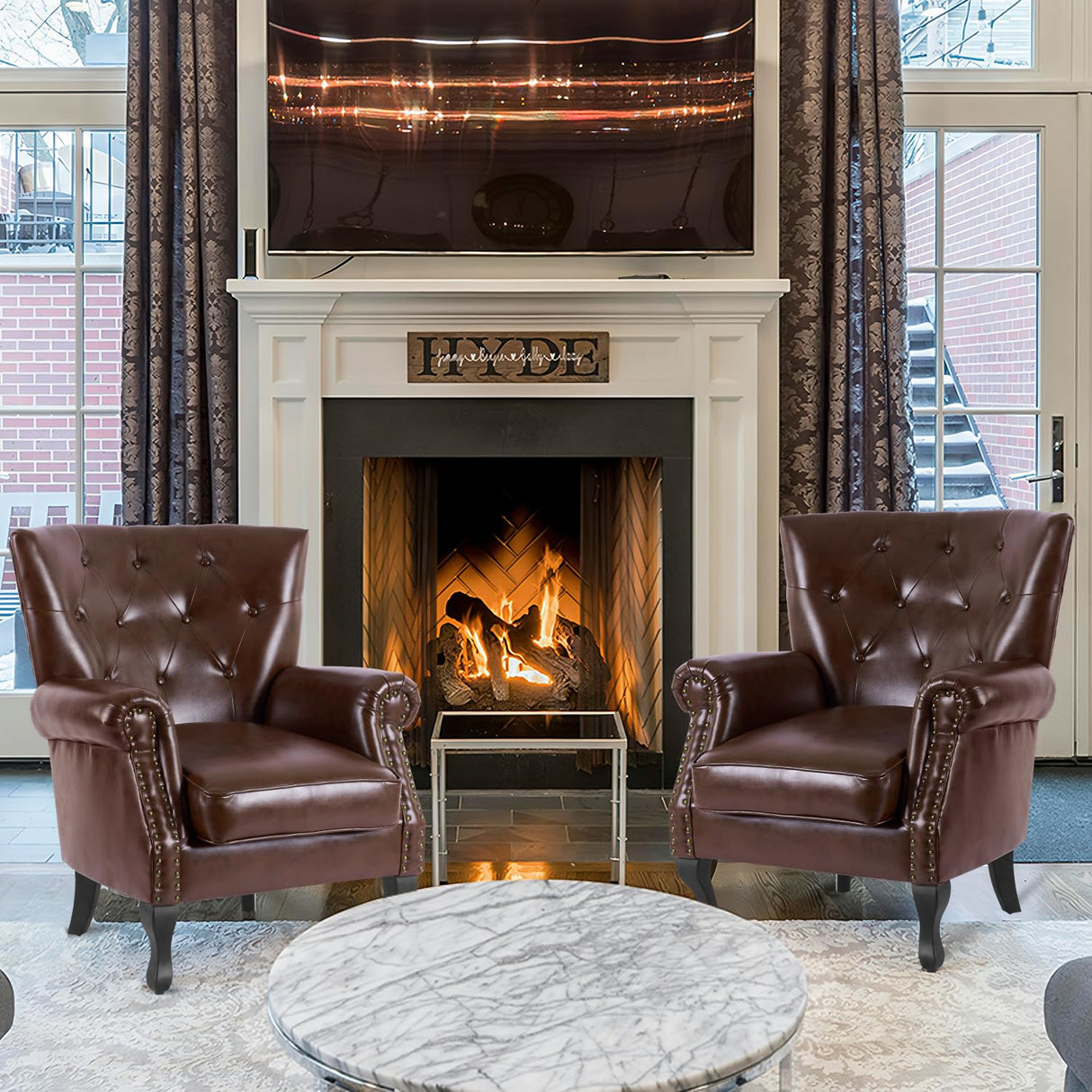 MOJAY PU Leather Accent Chair Set of 2, Mid-Century Modern Armchair Living Room Club Chair with Tufted Button & Rivet Trim, Upholstered Sofa Chair with Sturdy Wood Legs for Bedroom (Reddish Brown) MOJAY