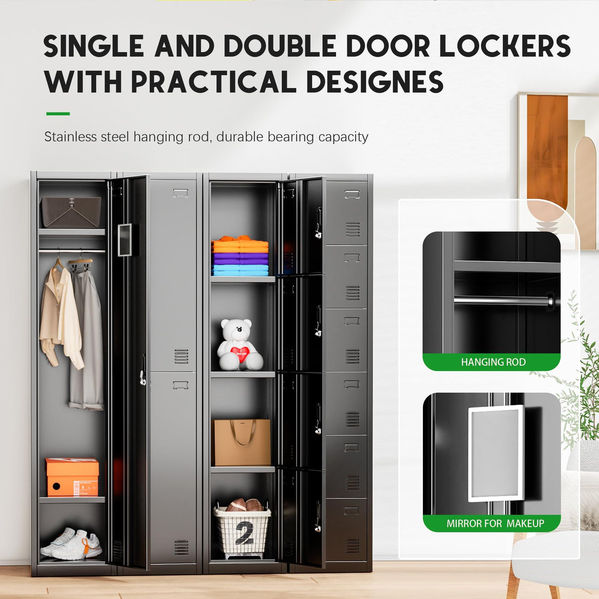 INTERGREAT Metal Locker for Employees with 4 Doors,72" Black Steel Locker Storage Cabinet with 4 Tiers,Tall School Lockers for Home Office,Gym INTERGREAT