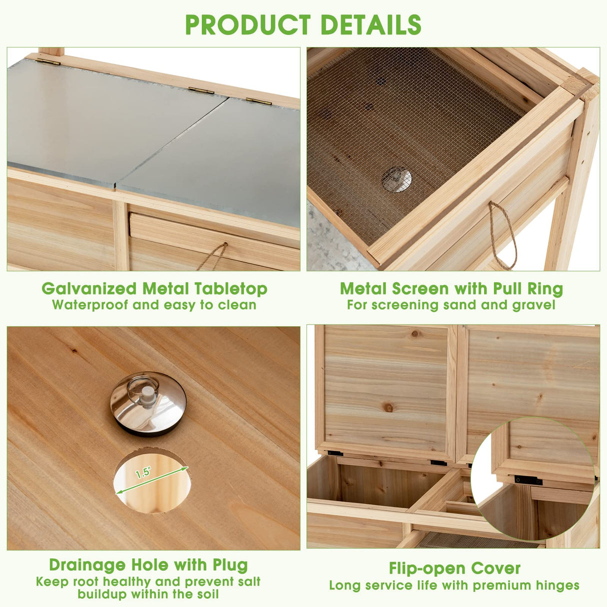 Giantex Potting Bench Outdoor Wooden Planting Table with Flip-open Galvanized Metal Tabletop, Planting Box, Open and Hidden Storage Space and 5 Hangers, Patio Gardening Station Giantex