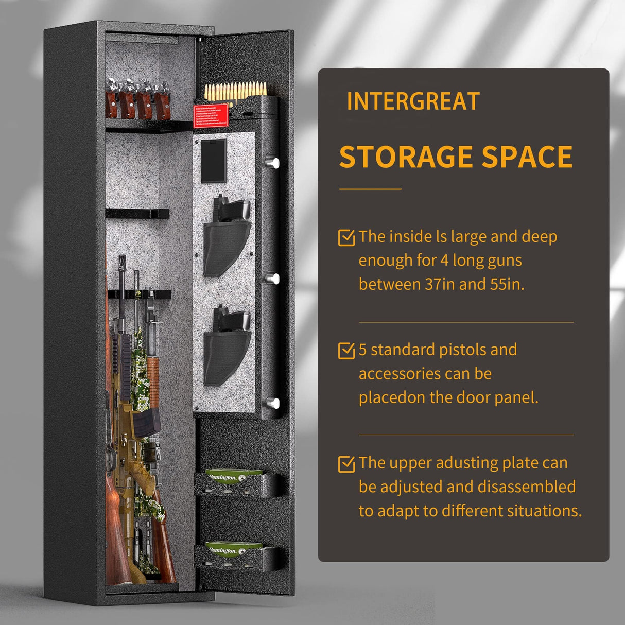 Greenvelly 6-8 Gun Safe for Rifles and Pistols, Rifle Safe with Keyboard Lock, Gun Cabinet for Rifles and Shotguns, Quick Access Fireproof Gun Safe with Pocket and Gun Rack for Home, Black Greenvelly