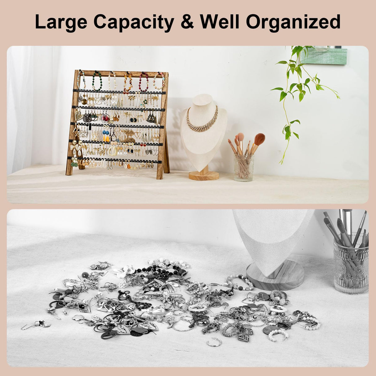 Emfogo Earring Holder Organizer, 6 Tier Earring Display Stand with 285 Holes & 6 Bracelet Rods, Rustic Wood Jewelry Organizer for Earring Bracelet Necklace Ring, Gifts for Women (Rustic) Emfogo