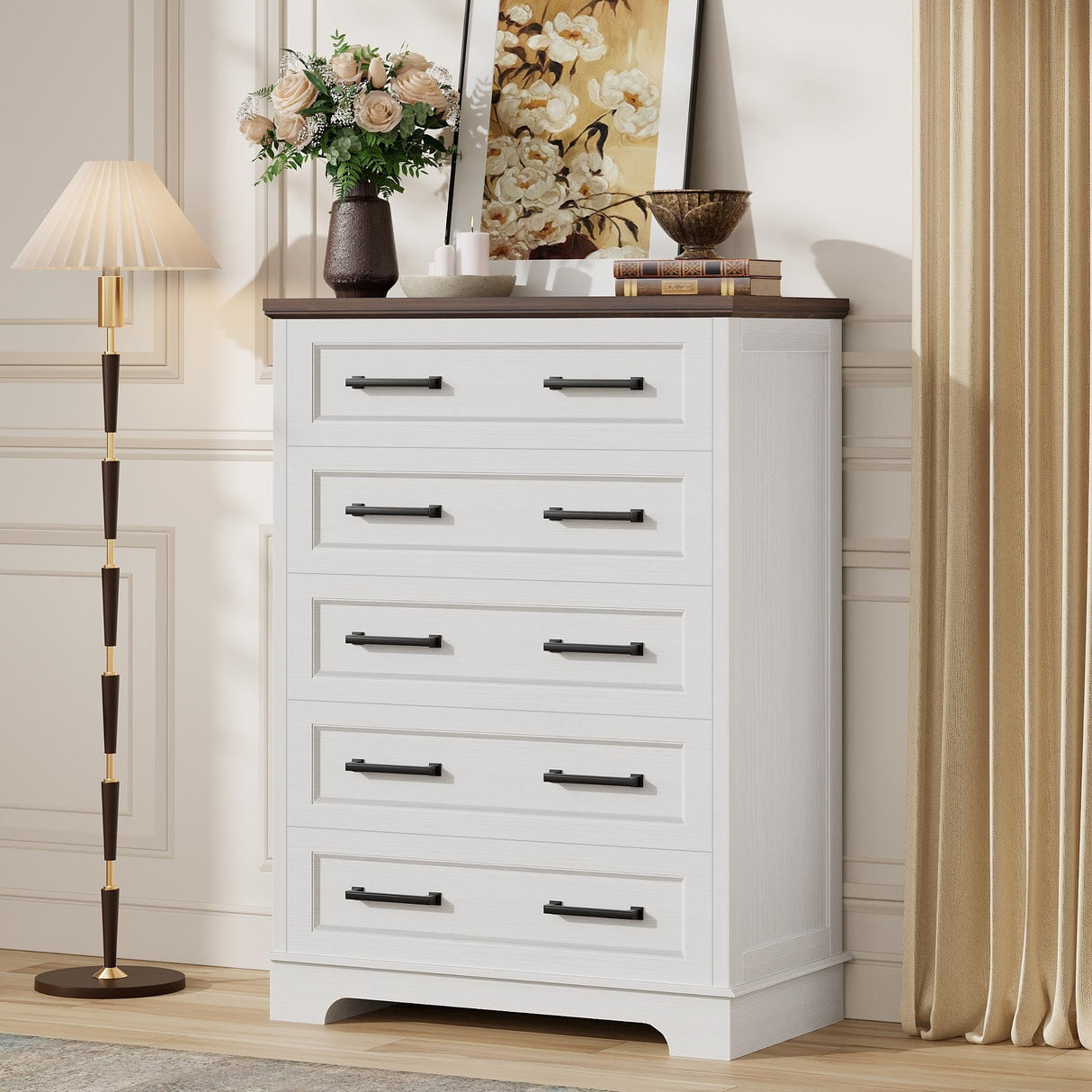 Furmax Farmhouse Dresser for Bedroom, 5 Drawers Dresser, Wood Chest of Drawers, 31.5" Wide Storage Dressers Organizer for Bedroom, Living Room (White and Brown) Furmax