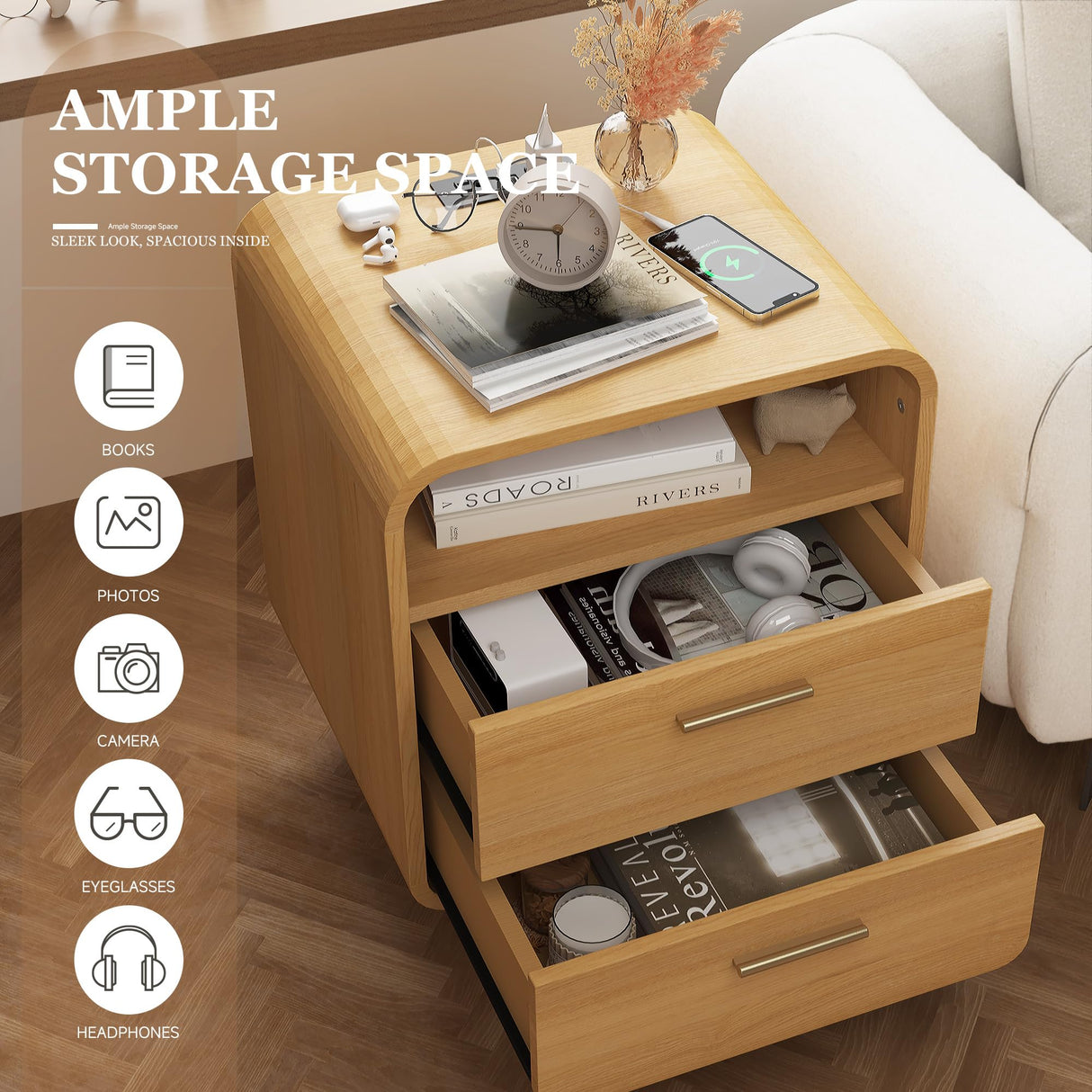 Easyego Mid-Century Modern Nightstand with Charging Station, Bedside Table w/2 Drawers and Open Shelves, Side Table and End Table for Bedroom and Living Room, Curved Design(Wood Naural) Easyego