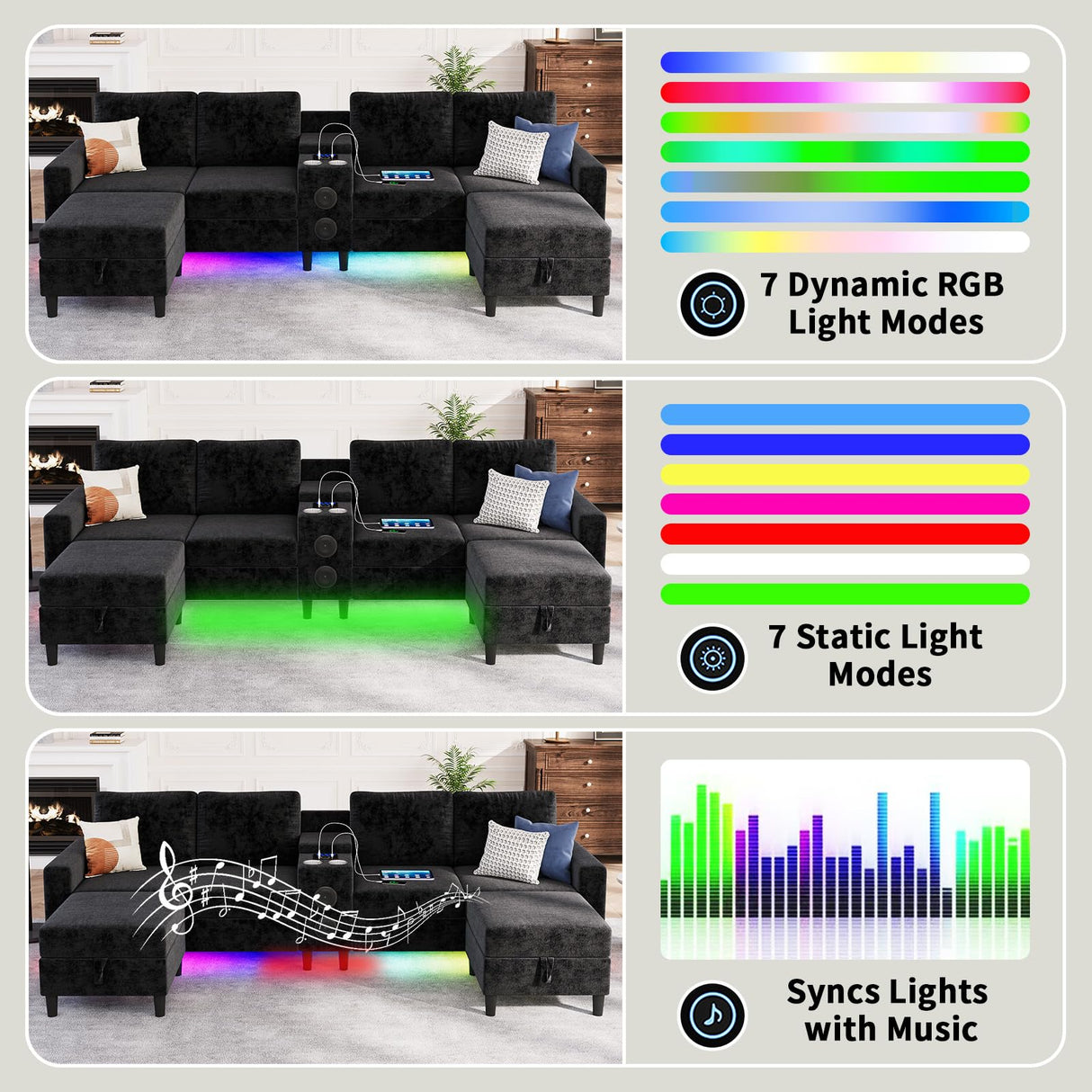 ZSDT Sectional Couches for Living Room, 6 Seat Sectional Sofa Smart Module-Bluetooth Speaker/RGB Light/Charging Station, Chenille U Shaped Couch with 2 Movable Storage Ottomans (Black) ZSDT