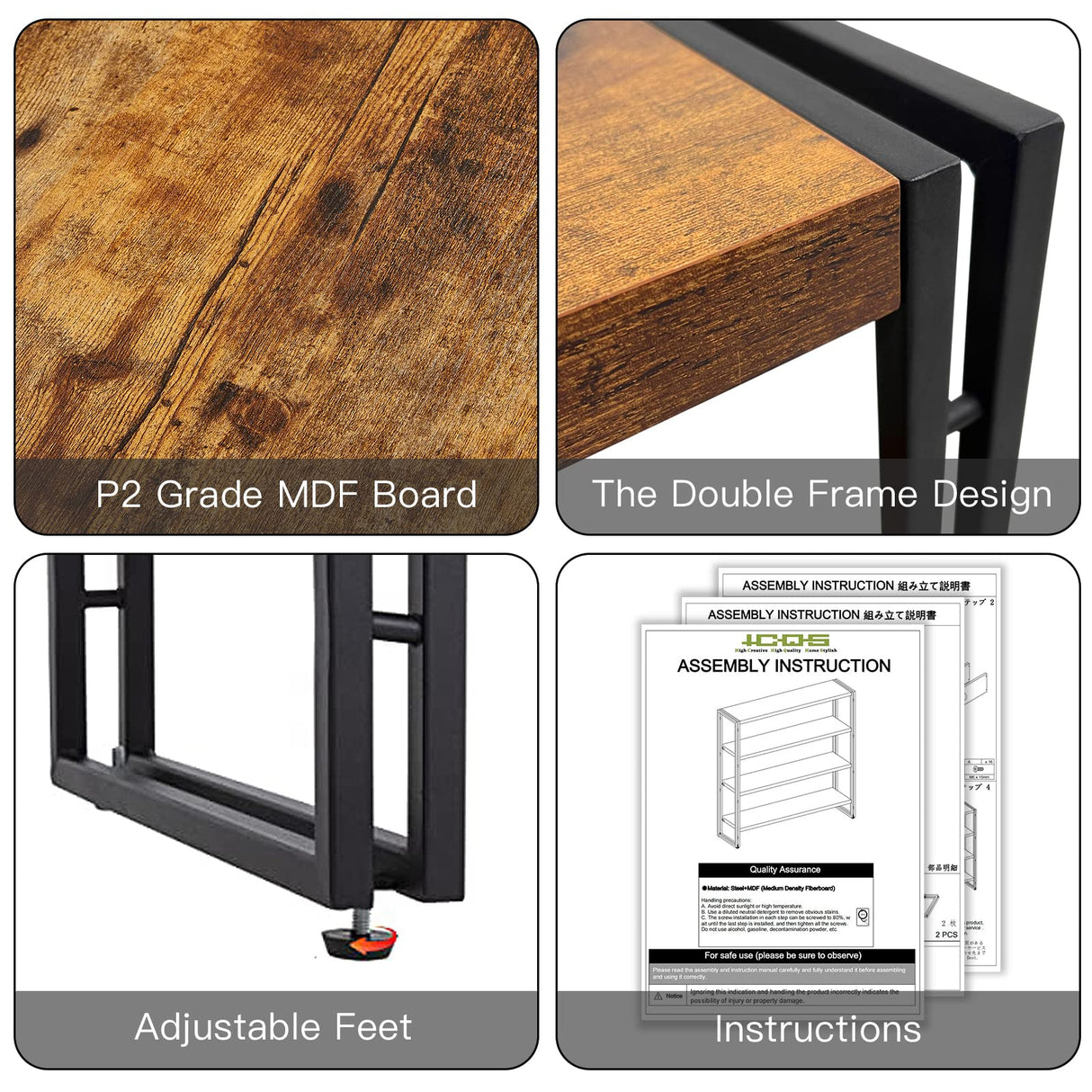 HCHQHS Bookshelf,4-Tier Industrial Bookcase,Rustic Wood and Metal Open Display Book Shelves Home Office,Bedroom Standing Shelf Unit,Horizontal Kitchen Shelf Organizer,Bathroom Storage Rack 47in