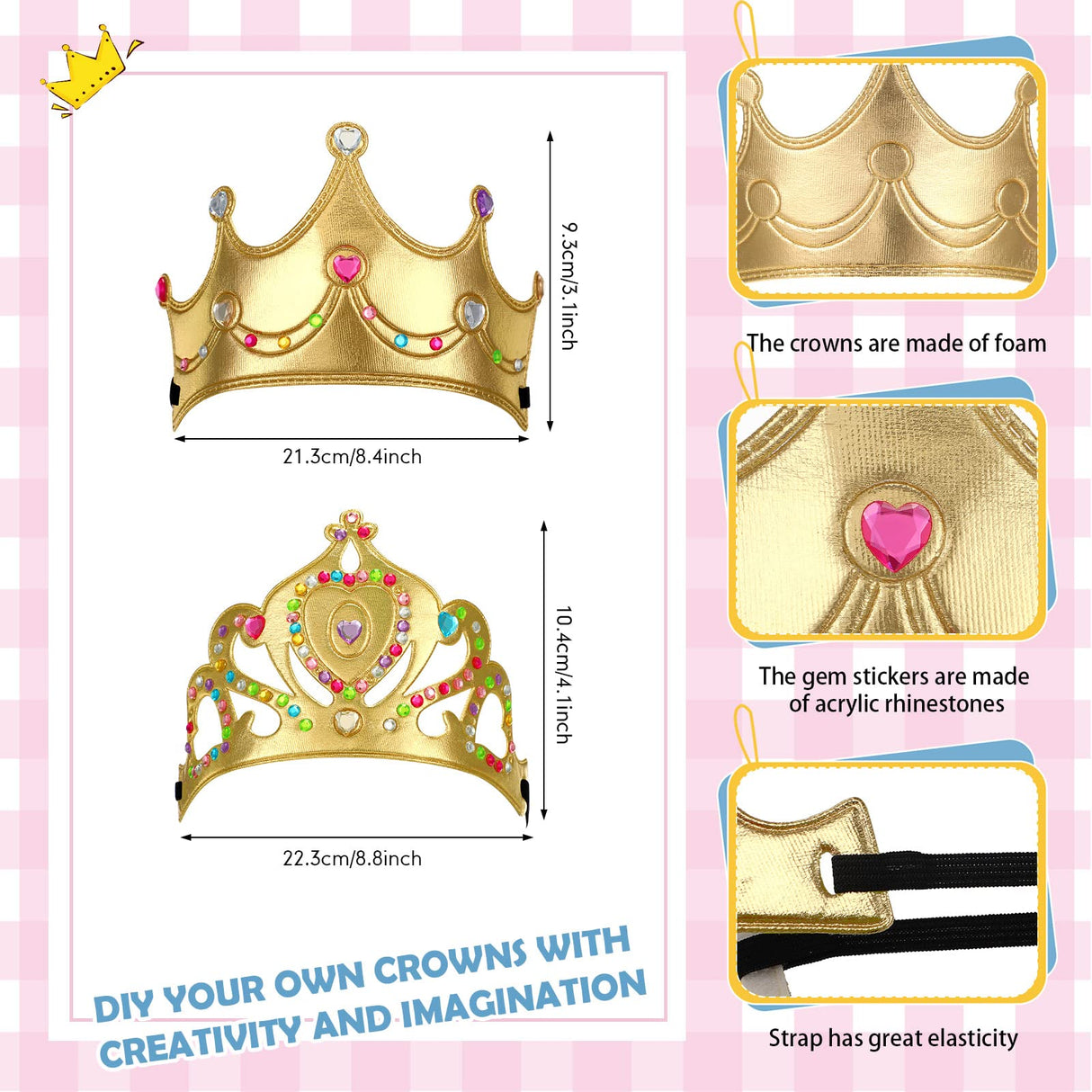 Jexine 100 Pieces Foam Crowns Set for Kids Princess Tiaras Making Kits 60 Pcs Foam Princess Crowns and 40 Sheets Crystal Diamond Sticker for Kids' Party Supplies Decoration Craft Jexine