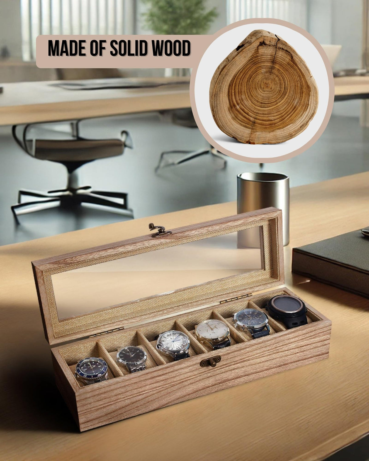 Exper City Watch Box, Watch Case for Men Women with Large Glass Lid, Wooden Watch Display Storage Box with 6 - Slots, Weathered Wood Mens Watch Box Organizer Exper City