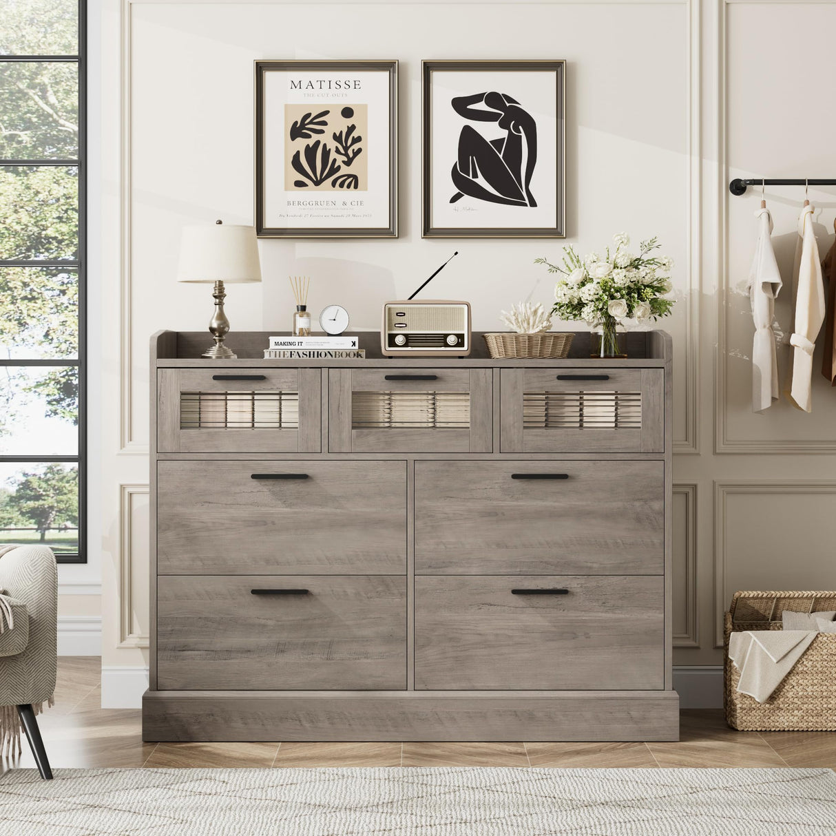 HOSTACK Modern 7 Drawer Double Dresser, Wide Chest of Drawers with Fence, Wood Storage Organizer with Metal Handle & Fluted Glass, Accent Storage Cabinet for Living Room, Entry, Ash Gray HOSTACK