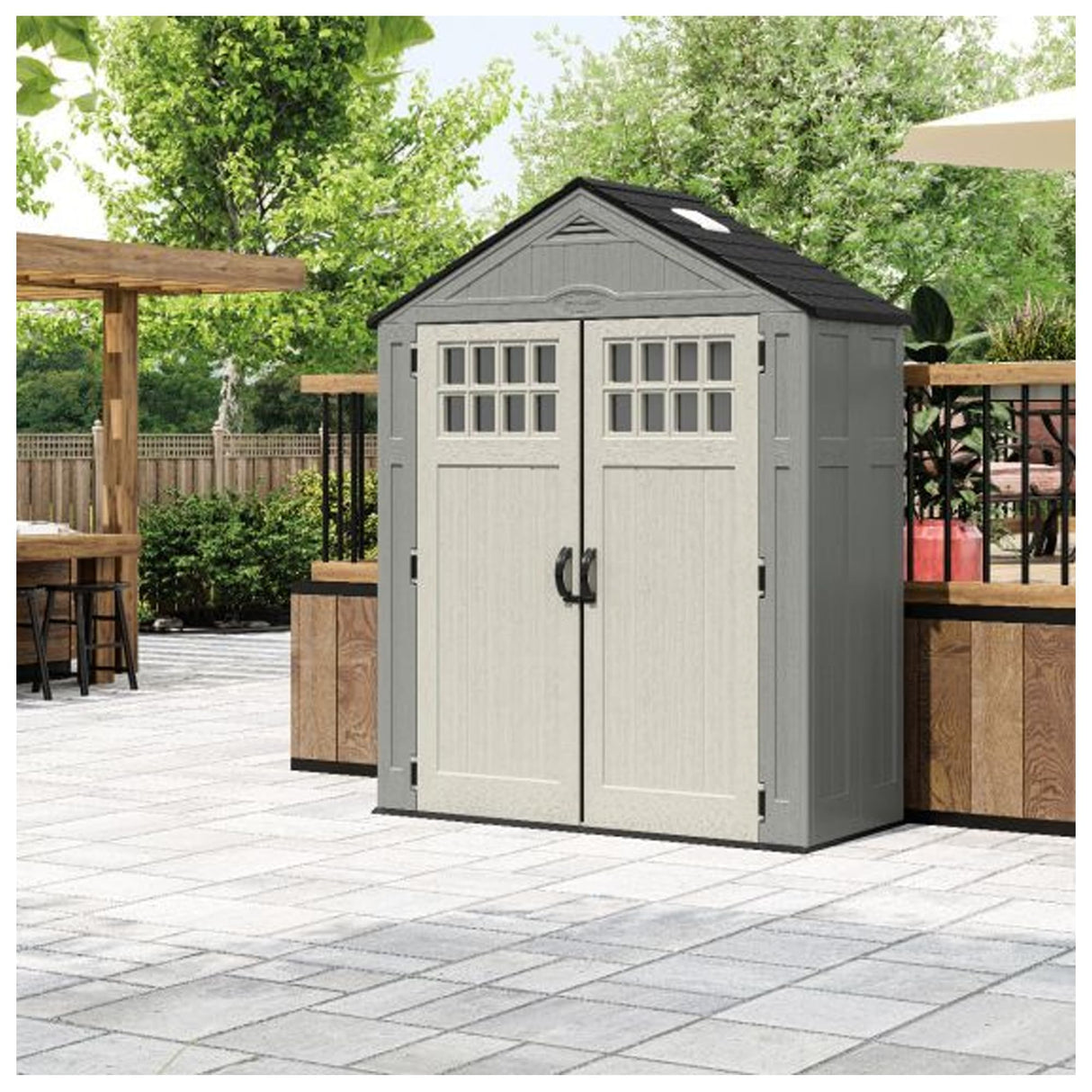 Suncast BMS6312D Everett 6' x 3' Heavy-Duty Resin Outdoor Pad-Lockable Double Doors and Windows All-Weather Shed for Yard Storage, Dove Gray Suncast