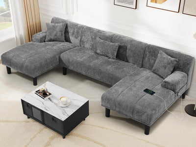 YITAHOMA Sectional Couches for Living Room, U Shaped Sofa Chenille Modern Couch with USB & Type C Charging Ports Double Chaise and Comfy Upholstered, Dark Grey