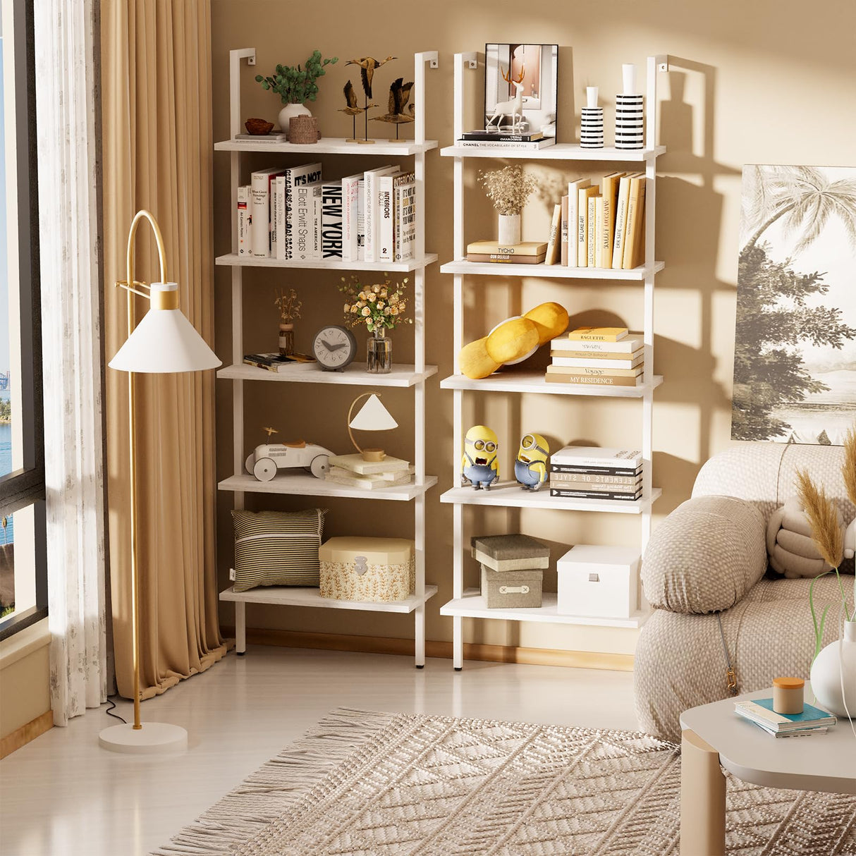 aboxoo Ladder Shelf White Wooden Bookshelf 5-Tier Wall-Mounted Open Wood Rack Industrial Modern Plant Flower Stand Utility Organizer Bookcase Metal Frame Furniture Office Kitchen Bedroom aboxoo