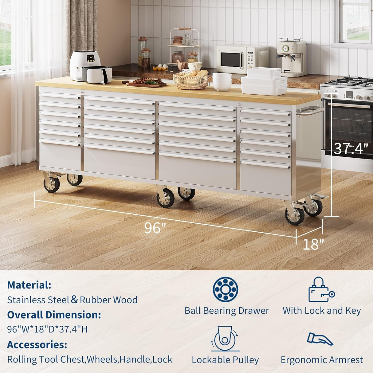 Rolling Tool Chest with Power Strip & Rubber Wood Top - 96 Inch Garage Workbench, Drawer Storage Cabinet Tool Box, Mobile Workstation SLEKVERSA