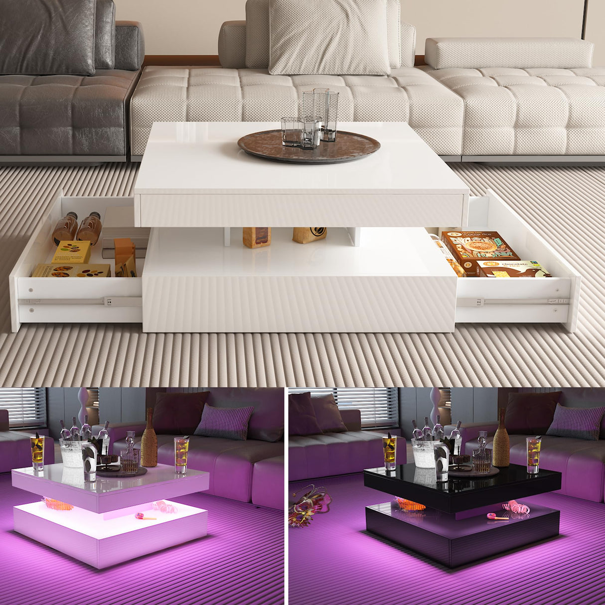 White LED Coffee Table for Living Room, Square Coffee Table with Lights, Lighted Cocktail Table, Mid Century Table with Lights, Modern Center Table with Storage, High Glossy Surface, 30 Inch WoodArtSupply