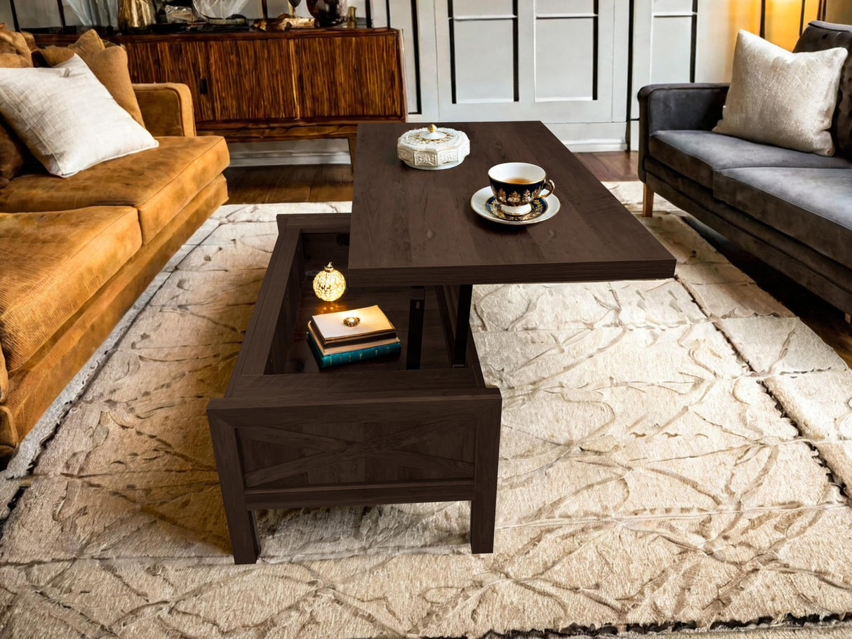 LZLUOB Lift Top Coffee Table with Hidden Compartment, Storage Coffee Table with Lift Top, Farmhouse Wood Lift Top Coffee Table for Living Room, Easy Assembly (Dark Brown) LZLUOB