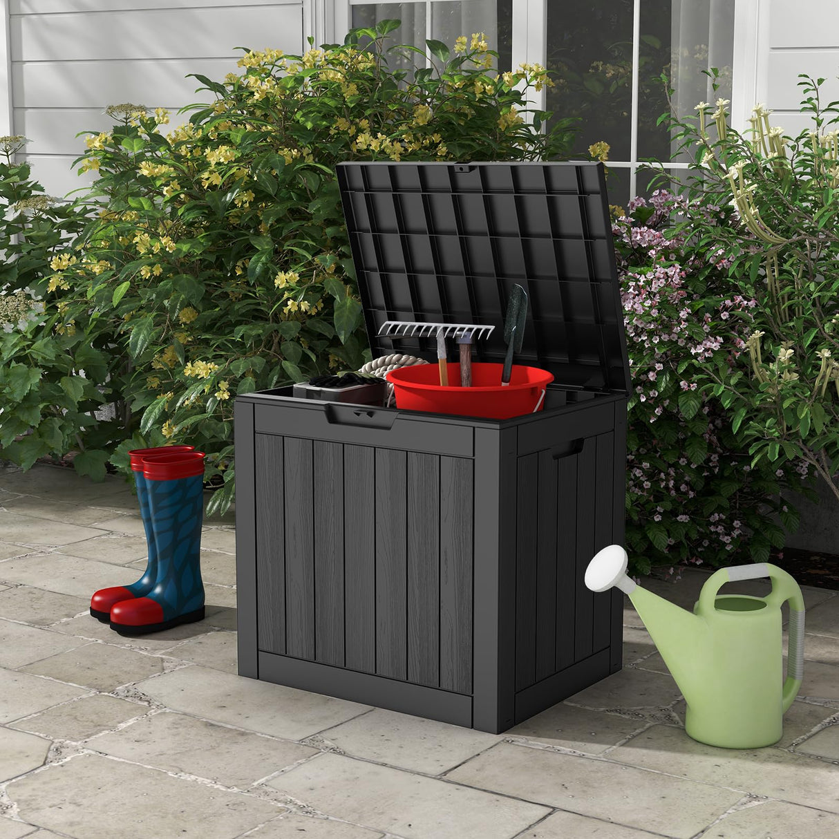 Mars Villa Deck Box, Waterproof Weatherproof and UV Resistant Resin Storage Bin with Lockable Lid, Ideal for, Outdoor, Patio Furniture Cushions, Pool Supplies, Garden Tools (31 Gallon, Black) Mars Villa