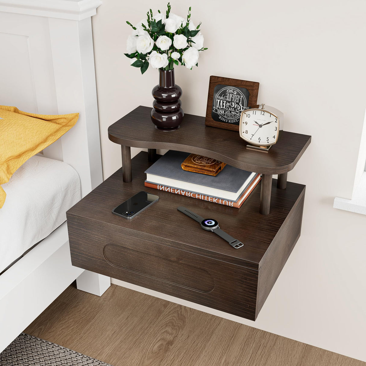 LUPWNEKA Floating Nightstand with Drawer - Brown Nightstand Floating Bedside Table, 2-Tier Wooden Bedroom Shelves for Wall, Morden Wall Mounted Nightstand for Bedroom, Bathroom, Study Room LUPWNEKA