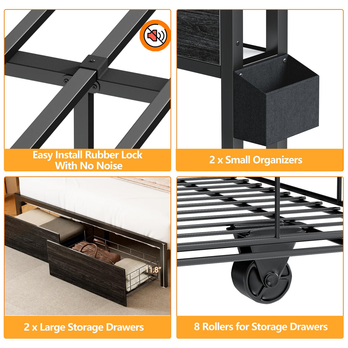 Furnulem Full Size Bed Frame with Wood Headboard, Metal Platform Bed Frame Full Size with Storage Drawers and Shelf, LED Lights and Charging Station, No Box Spring Needed, Noise Free, Black Furnulem