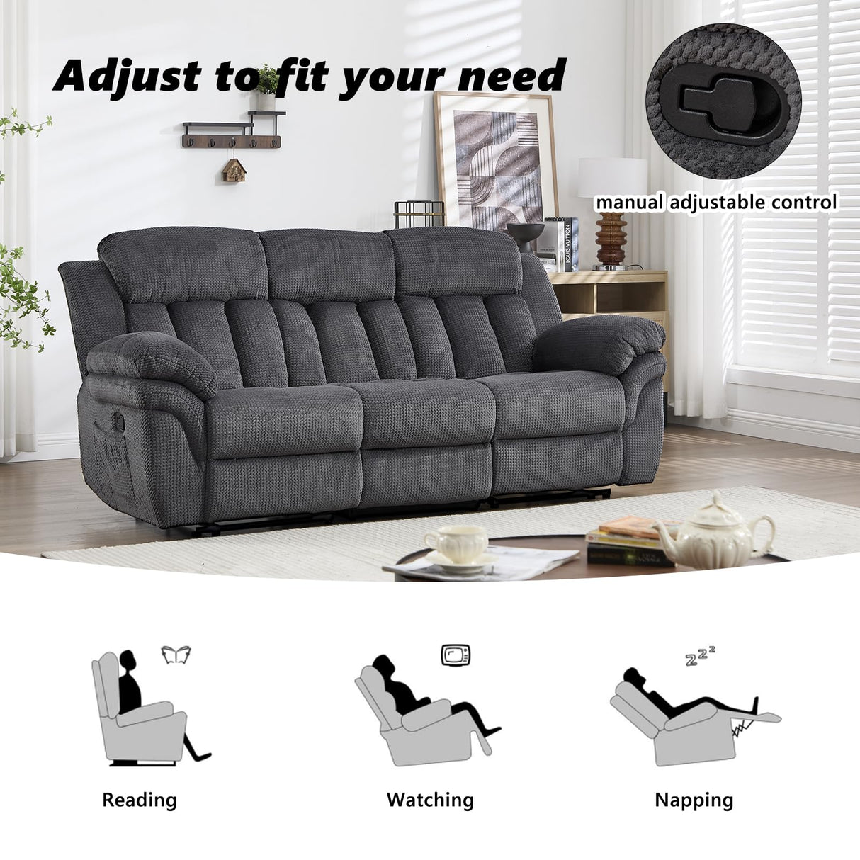 CANMOV Recliner Sofa Set, Manual Reclining Sofa with Overstuffed Armrest for Living Room,Bedroom Furniture,Office,3 Seat Grey CANMOV