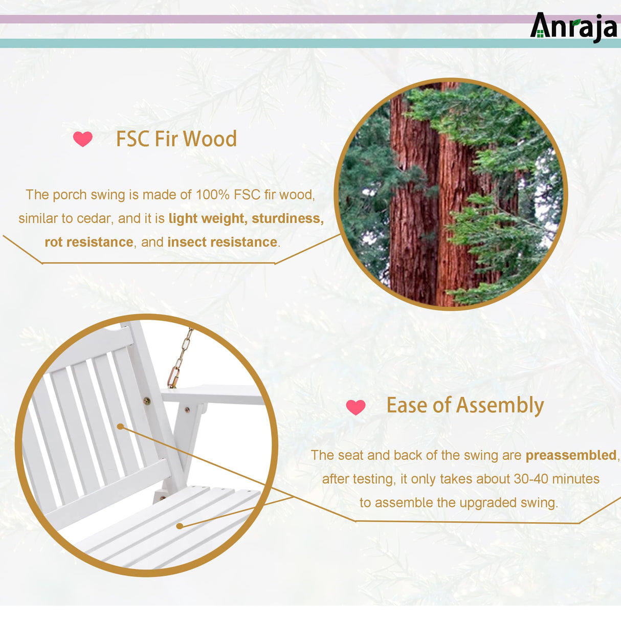 Anraja Wooden Porch Swing 2-Seater, Bench Swing with Hanging Chains, Heavy Duty 800 LBS, for Outdoor Patio Garden Yard,4 Ft,White Anraja