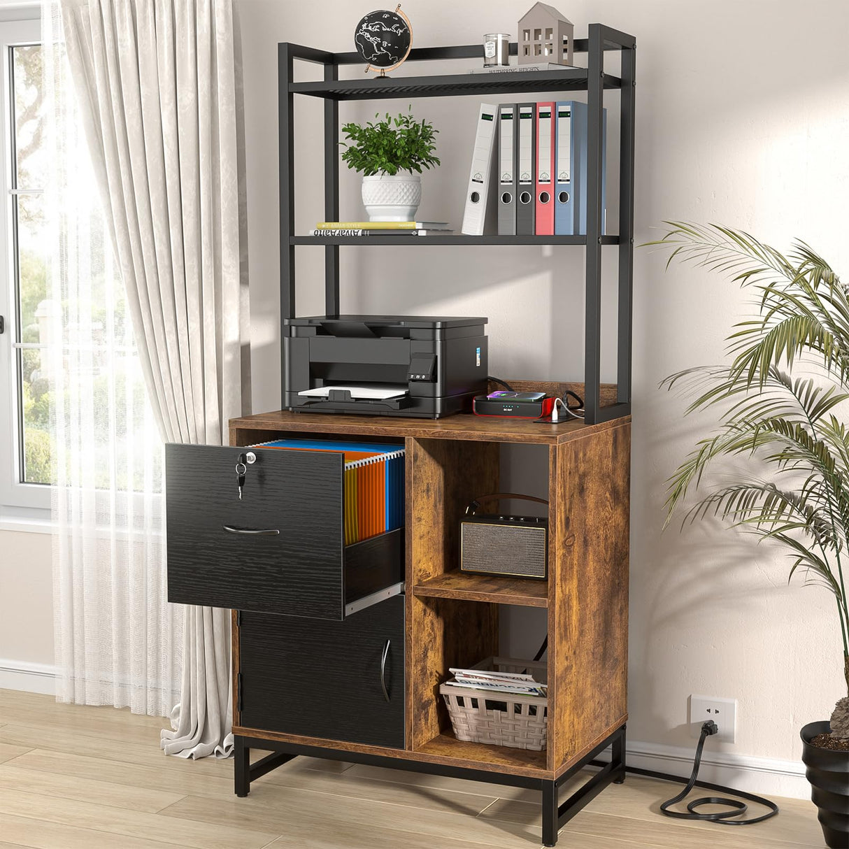 Homieasy Vertical Filing Cabinet with Bookshelf for Home Office, File Cabinet with Shelves, Lock & Charging Station, Drawer Office File Cabinets with Printer Stand, fits Letter Size, Rustic Brown Homieasy