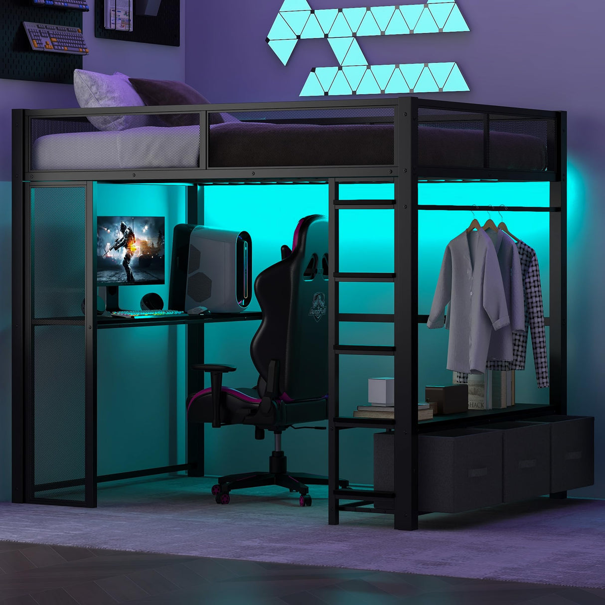 Polibi Full Size Metal Gaming Loft Bed with LED Lights/Desk/Open Wardrobe and 3 Linen Storage Drawers,Loft Bed Frame with Mesh Guardrail and Ladder,Black Polibi