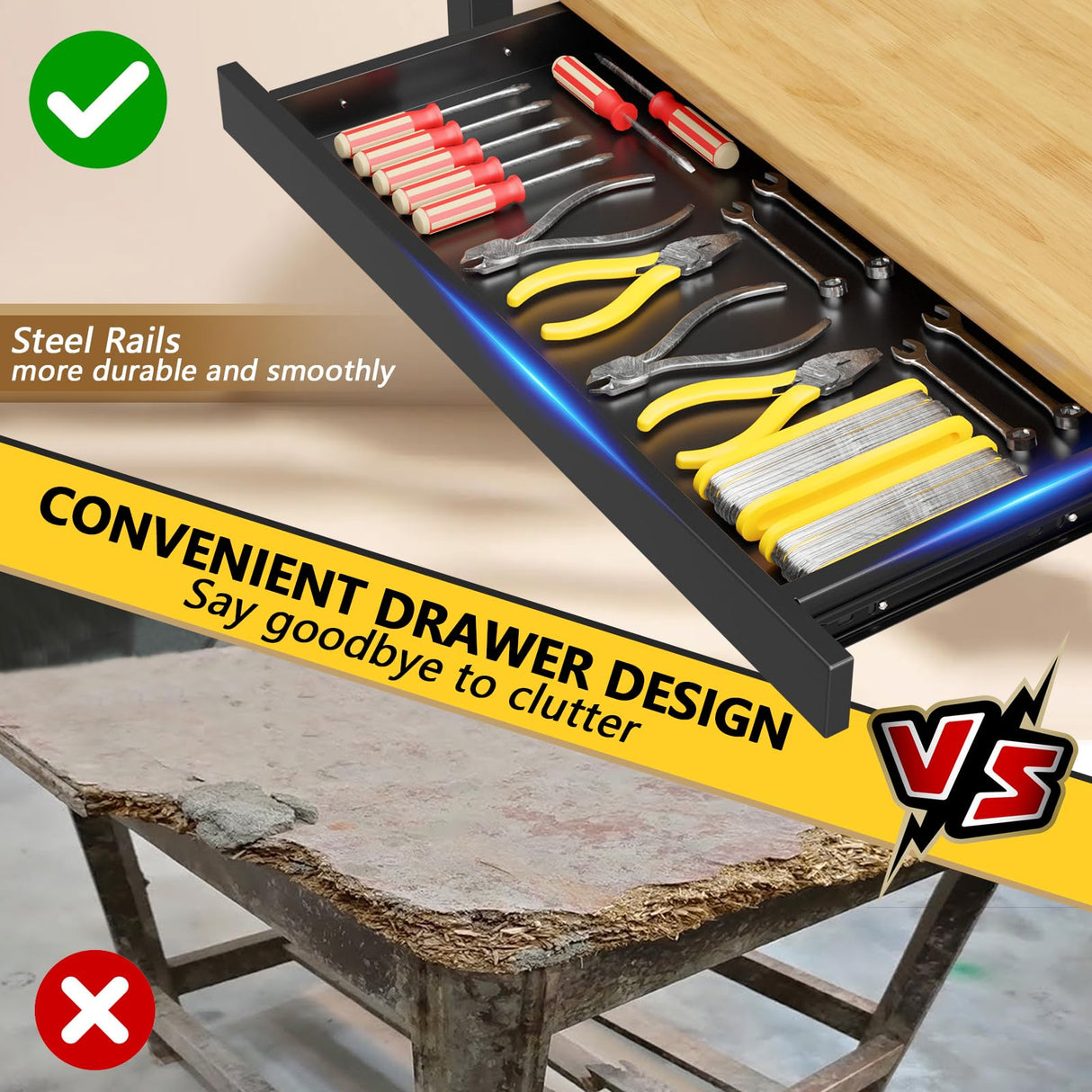 60" Adjustable Heavy Duty Work Bench with Drawers, Rubber Wood Top Workbench, Rolling Worktable with Power Outlet and Wheels, 2200 Lbs Capacity Hardwood Workstation for Garage, Workshop, Office, Home OAKANDO