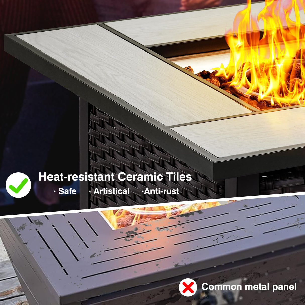 ovios Outdoor Furniture Set 9 Pieces Rocking Swivel Chairs High Back Wicker Rattan Sofa Couch with Square Propane Fire Pit Table, Patio Furniture Set, Brown Wicker, Orange Red ovios