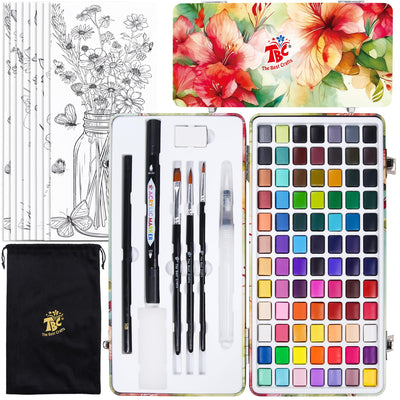 TBC The Best Crafts 84 Colors Watercolor Paint Set For Kids, Students and Artists, Amateur,Beginner.Set includes Coloring Sheets, Black Dual Tip Acrylic Paint Markers, Storage Bag